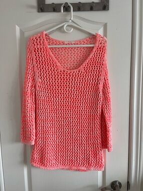 Open Knit Lightweight Sweater - Neon Coral Pink